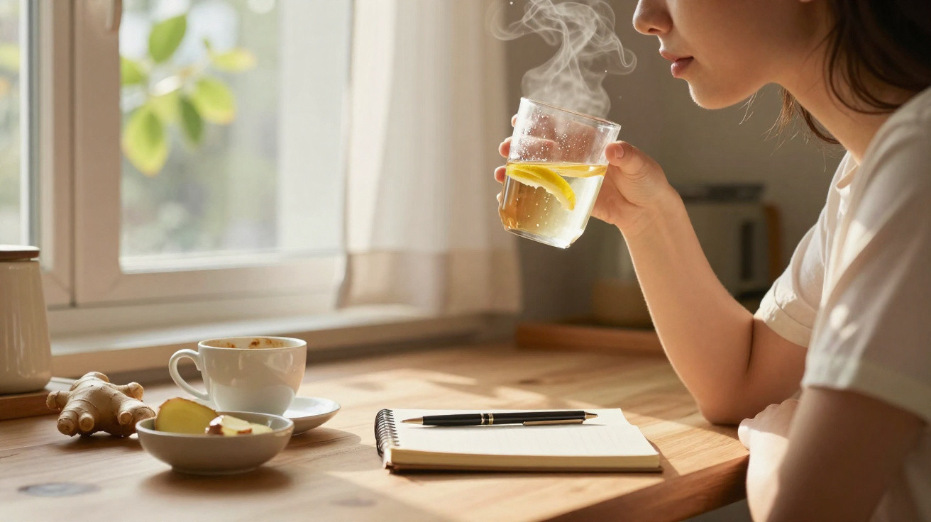 Mulher segurando copo com chá quente e limão, ao lado de mesa com caderno, caneta e gengibre.