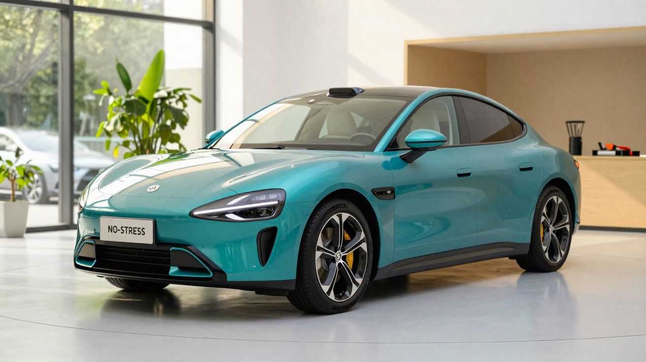 Carro elétrico azul esverdeado estacionado em ambiente interno com plantas e luz natural.