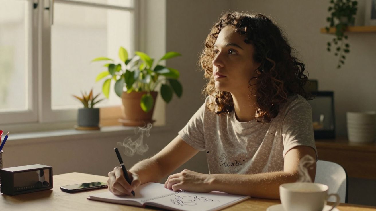 Jovem mulher pensativa escrevendo em caderno à mesa com xícara de café e plantas ao fundo.