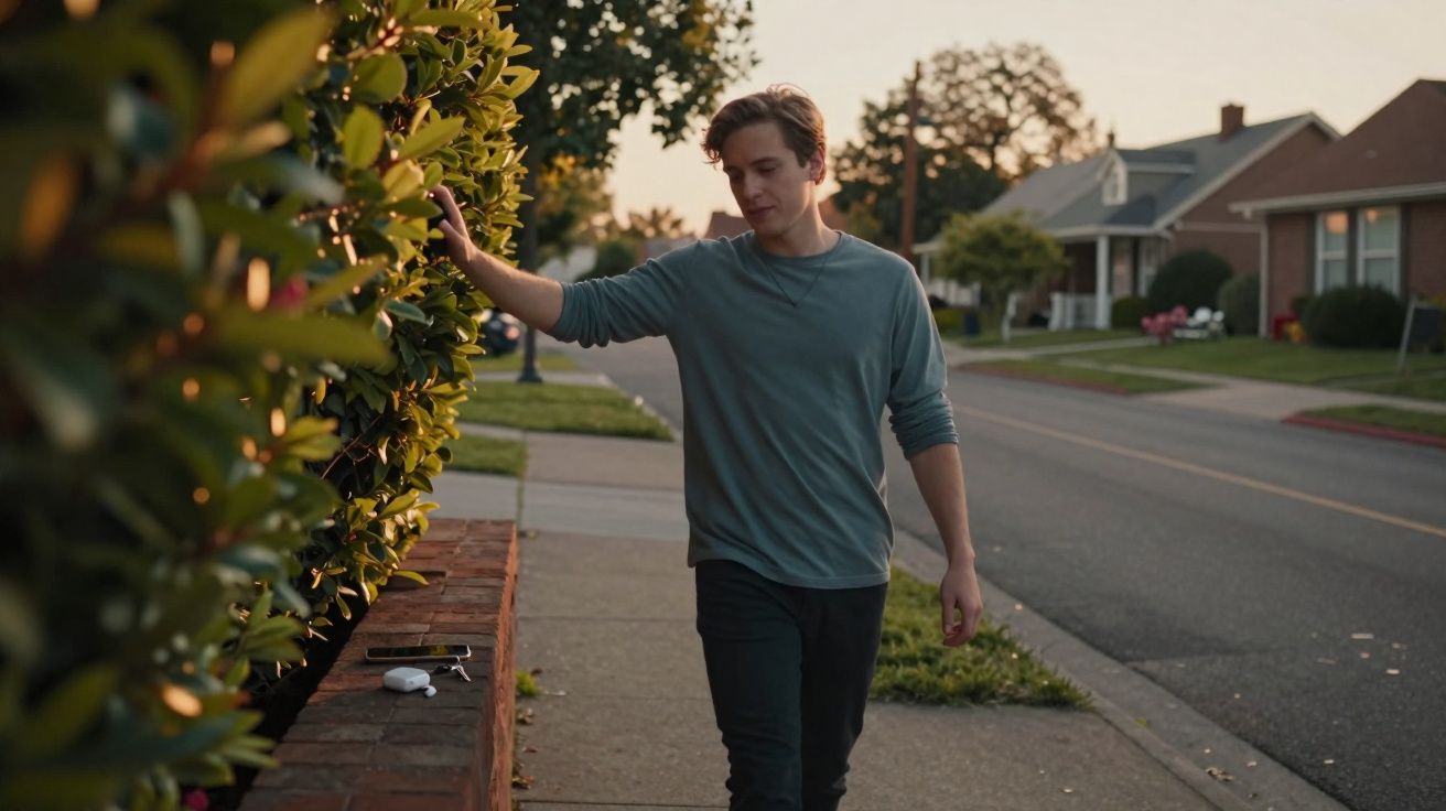 Jovem caminhando na calçada ao entardecer, tocando as folhas de uma cerca viva.