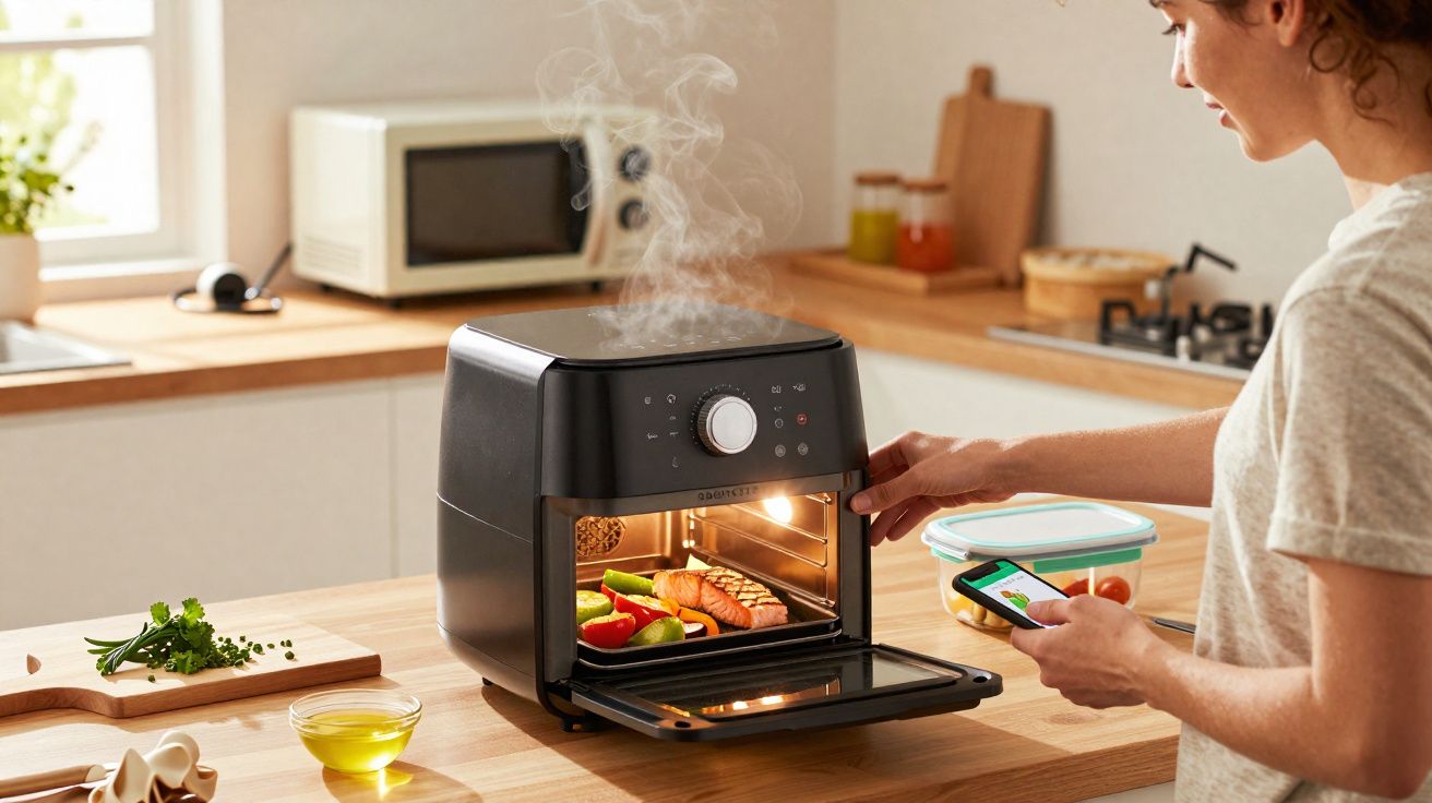 Pessoa usando forno elétrico na cozinha preparando salmão com legumes enquanto segura smartphone.