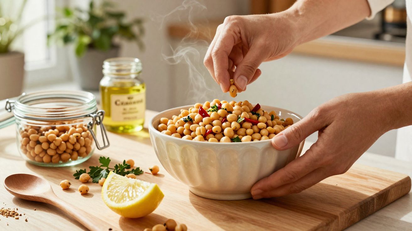 Mãos temperando uma tigela de grão-de-bico cozido com pimenta e ervas sobre uma tábua de madeira.