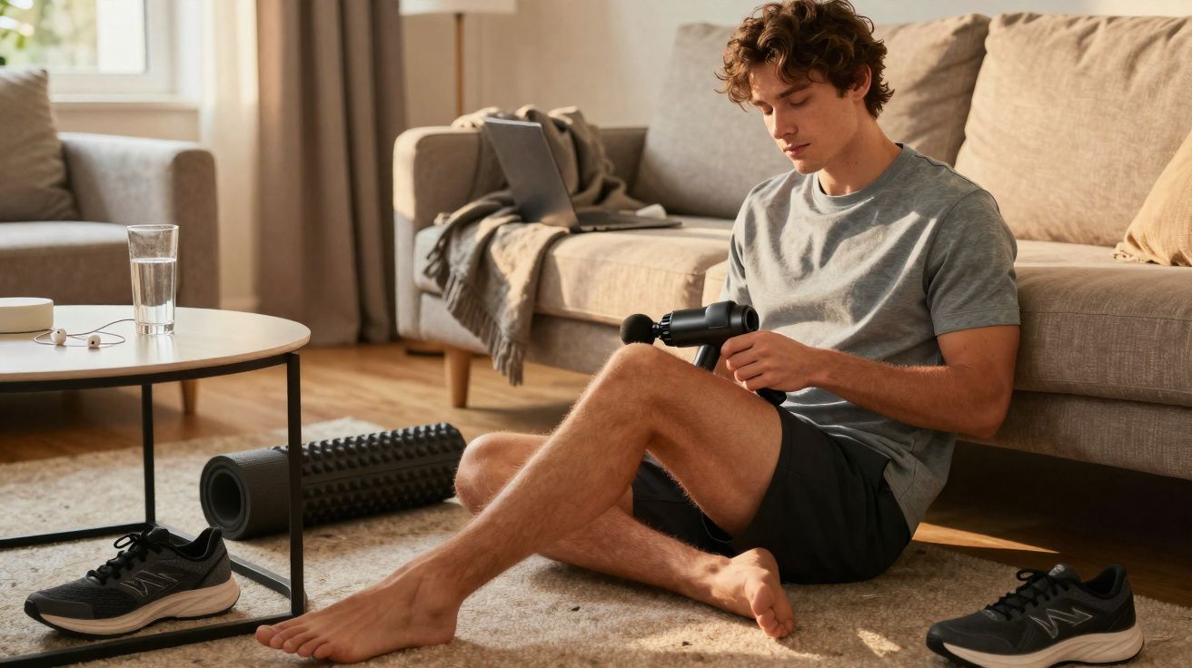 Homem sentado no chão da sala usando massageador muscular nas pernas, com tênis e laptop ao redor.