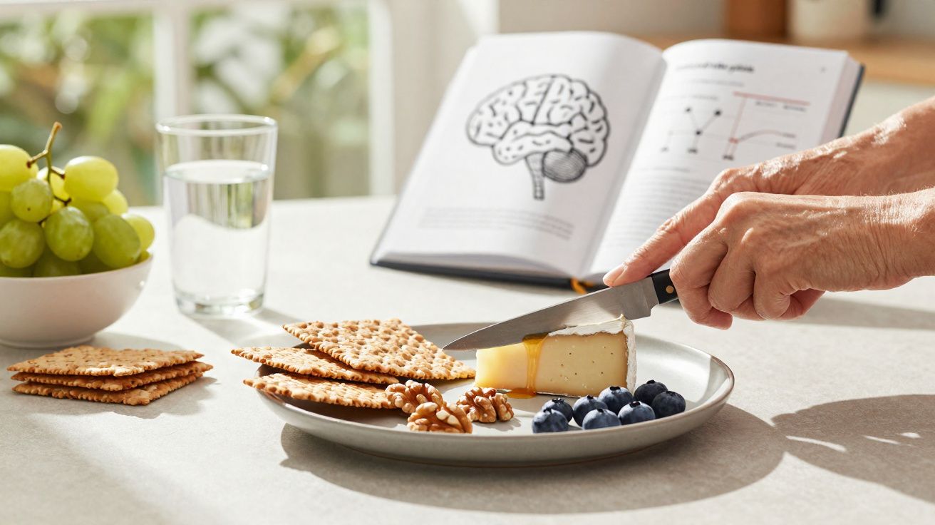 Mãos cortando queijo com mel em prato com biscoitos, nozes e mirtilos, copo de água, uvas e livro aberto ao fundo.