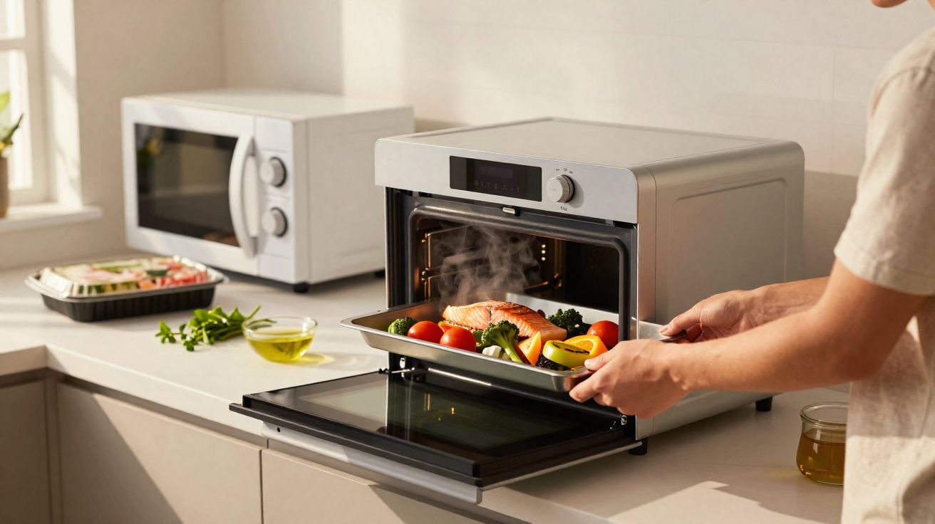 Pessoa retirando assadeira com salmão e legumes de forno elétrico na cozinha moderna.