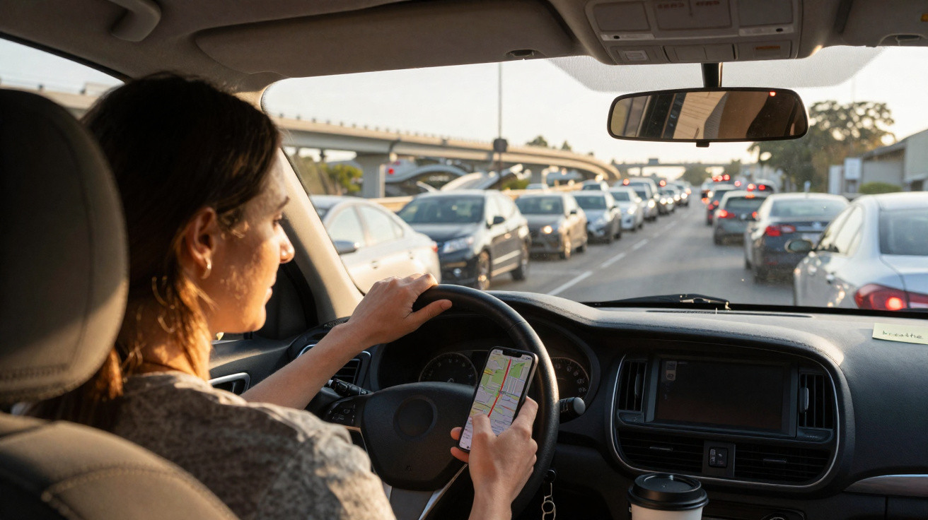 Mulher dirigindo carro enquanto segura celular com aplicativo de mapas em tráfego intenso ao entardecer.