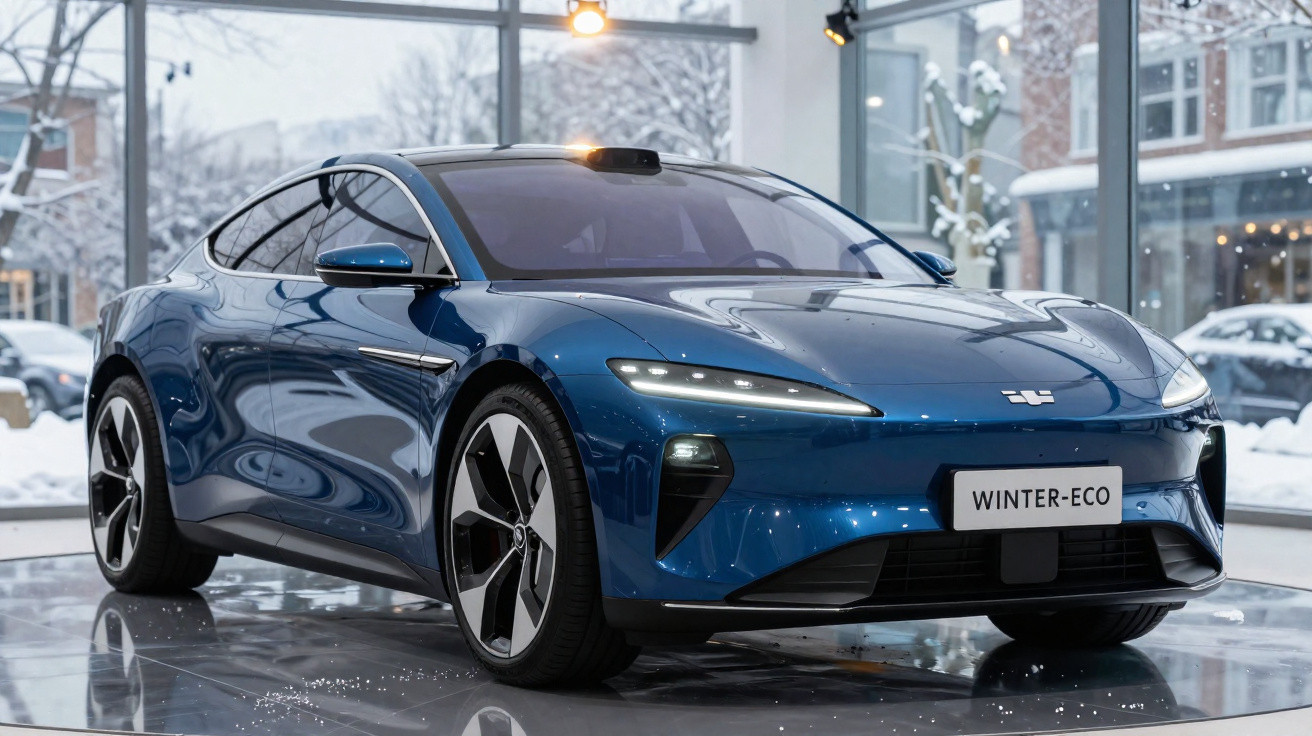 Carro elétrico azul Winter-Eco exibido em showroom com janelas amplas e neve do lado de fora.