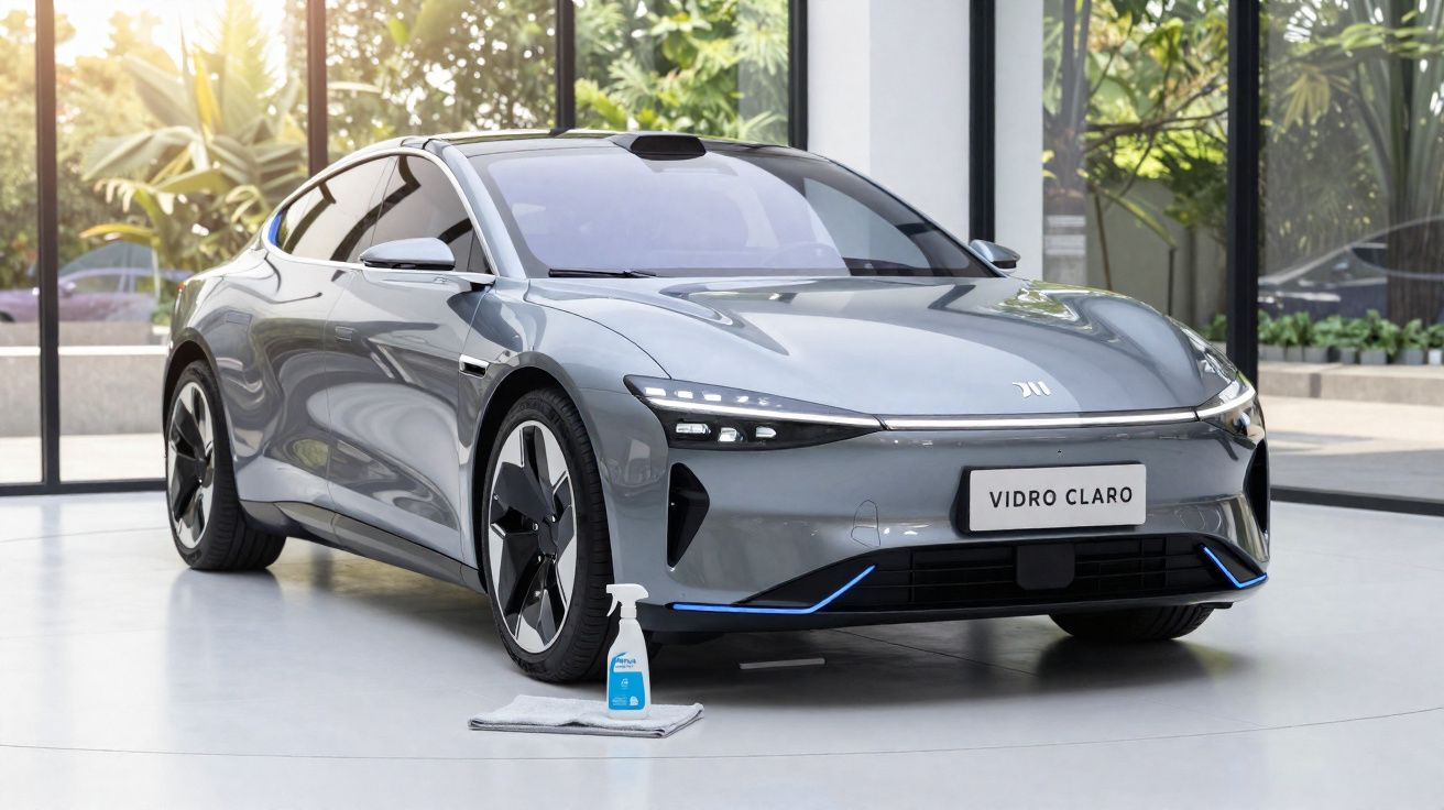 Carro elétrico moderno cinza em exposição interna com vidro claro e produto de limpeza à frente.
