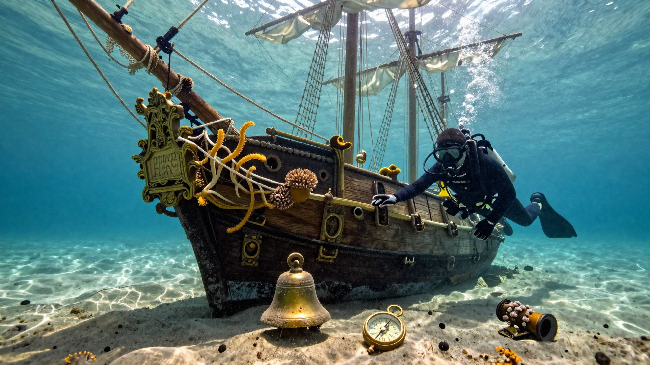 Mergulhador explora navio pirata submerso com conchas, sino e bússola no fundo arenoso do mar.