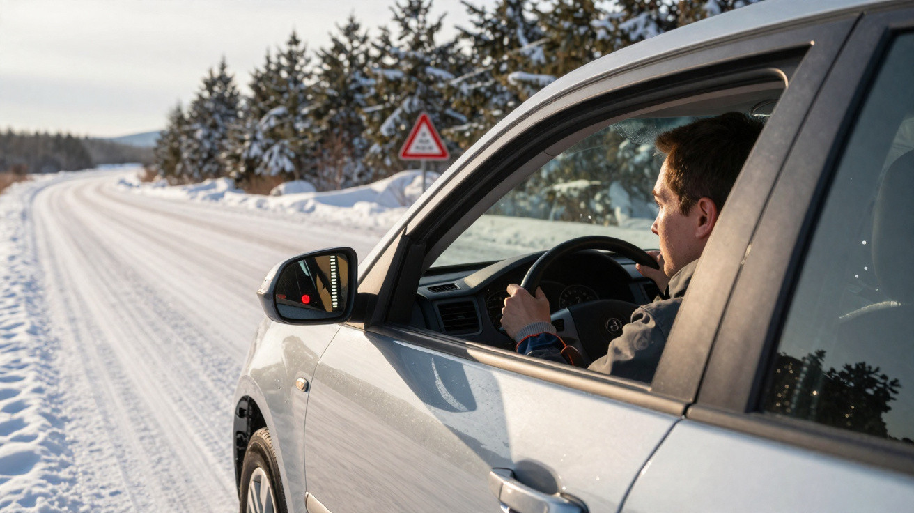 Homem dirigindo carro prata em estrada coberta de neve com árvores ao fundo.
