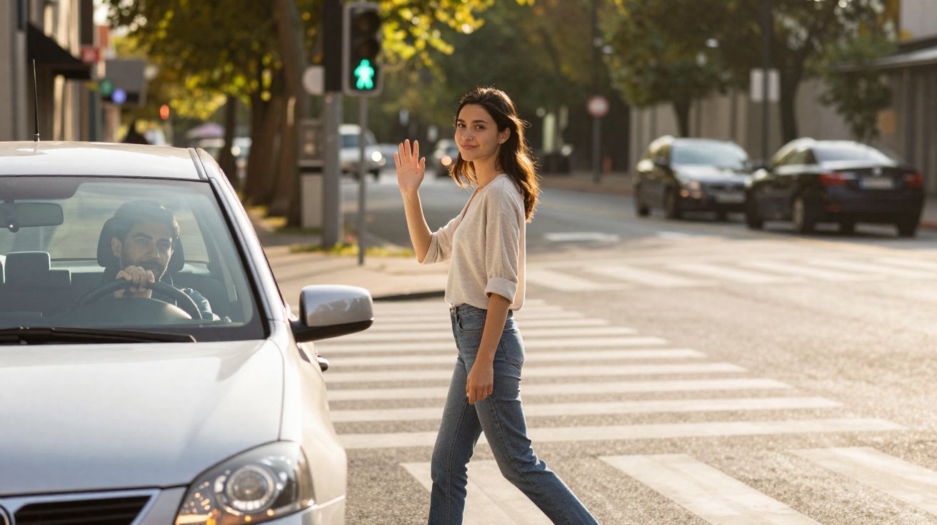 Mulher atravessa faixa de pedestres acenando enquanto carro aguarda sinal verde para pedestres.