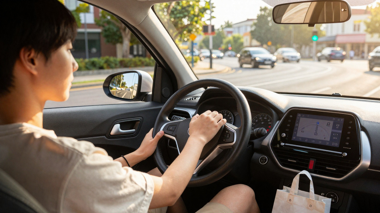 Pessoa dirigindo carro com GPS na tela, em rua urbana ao entardecer.