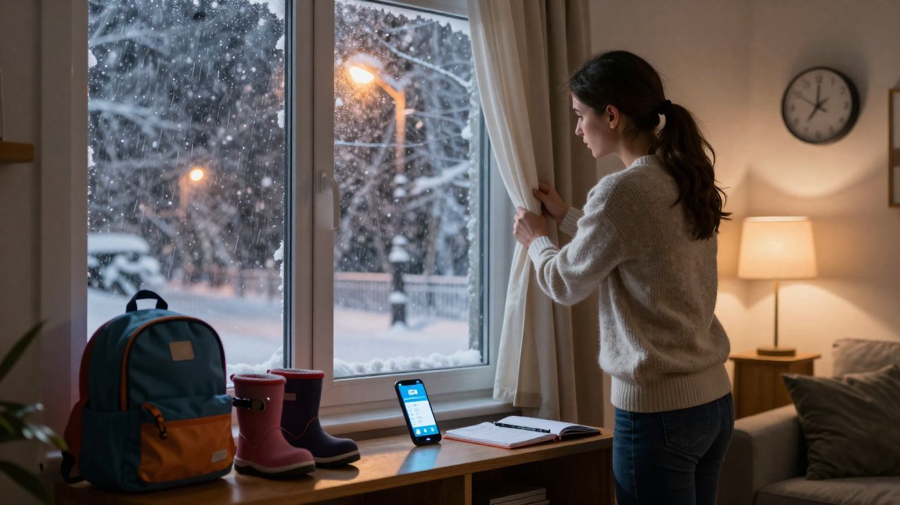 Mulher olhando pela janela enquanto neva, com mochila, botas, celular e caderno em móvel próximo.