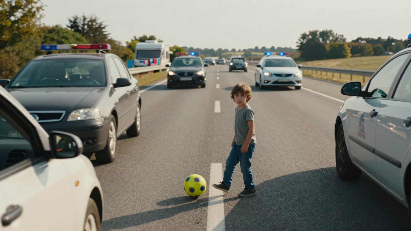 Criança parada no meio da rodovia com bola, cercada por carros e viaturas policiais com luzes acionadas.