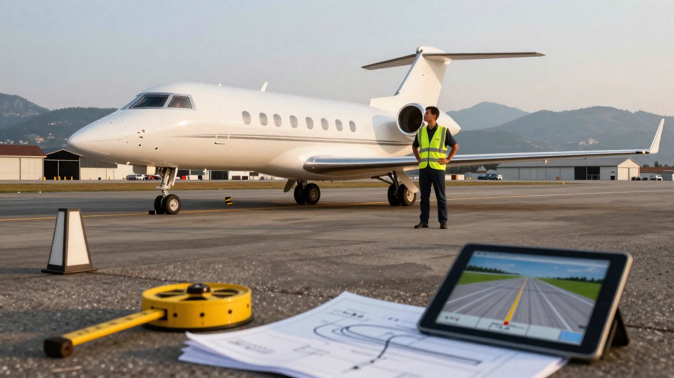 Avião executivo branco estacionado, funcionário com colete refletivo e equipamentos de medição no solo.