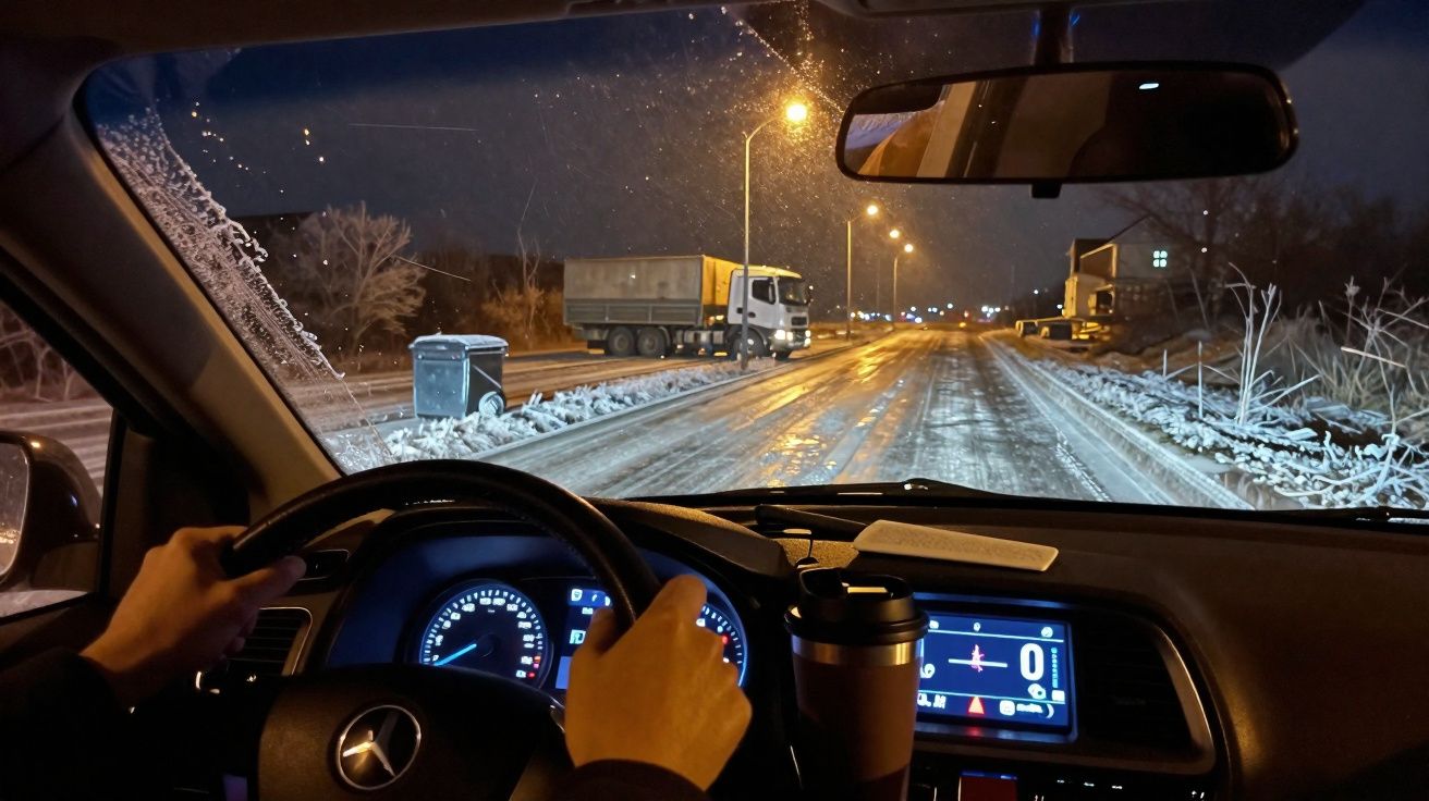 Visão noturna de estrada gelada vista do interior de carro com motorista segurando volante de Mercedes-Benz.