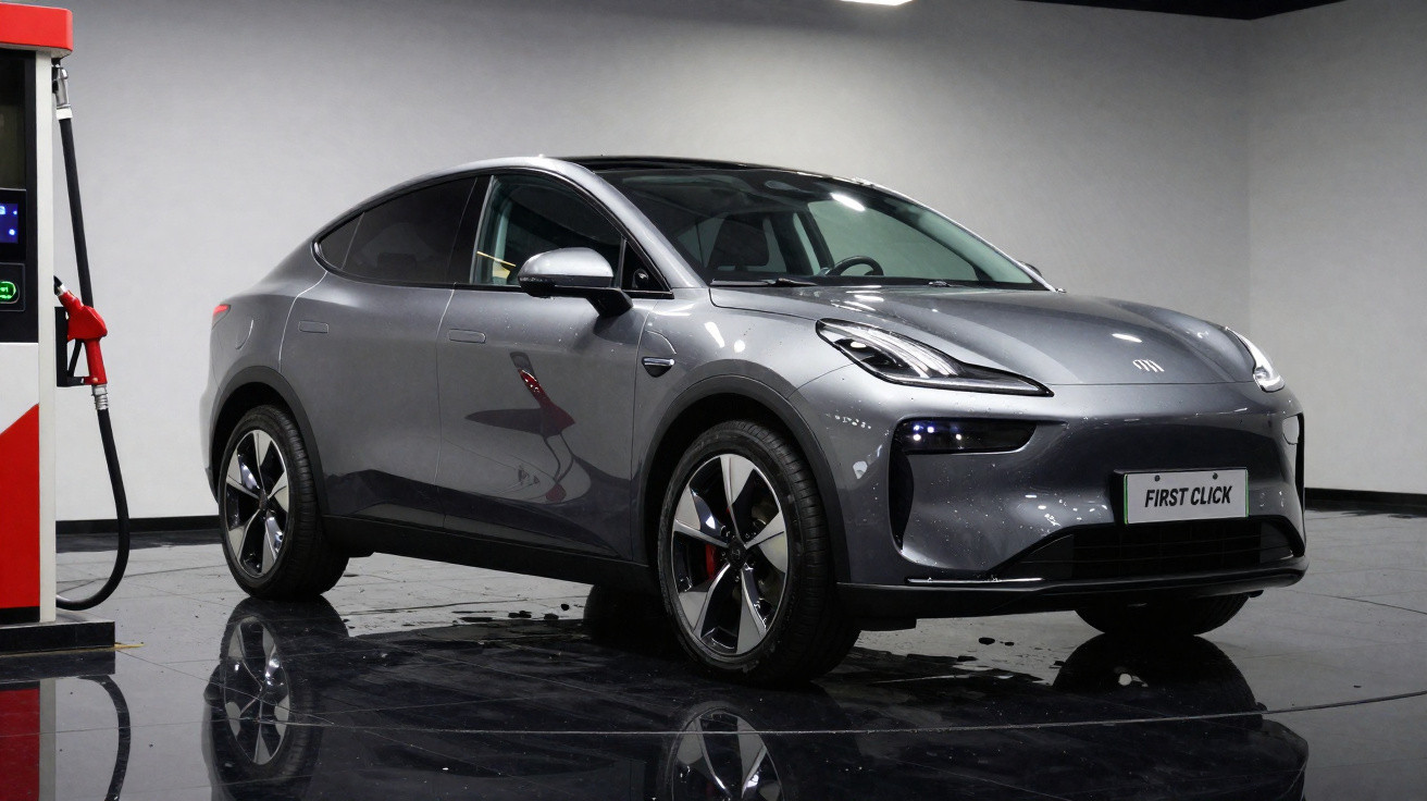 Carro elétrico cinza estacionado ao lado de um posto de combustível em ambiente interno.