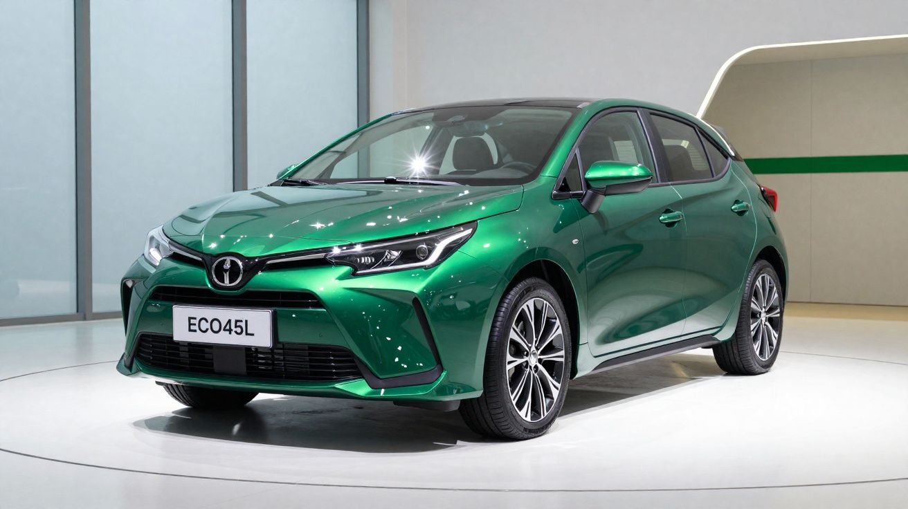 Carro hatchback verde metálico, modelo ECO45L, exibido em ambiente interno com iluminação branca.