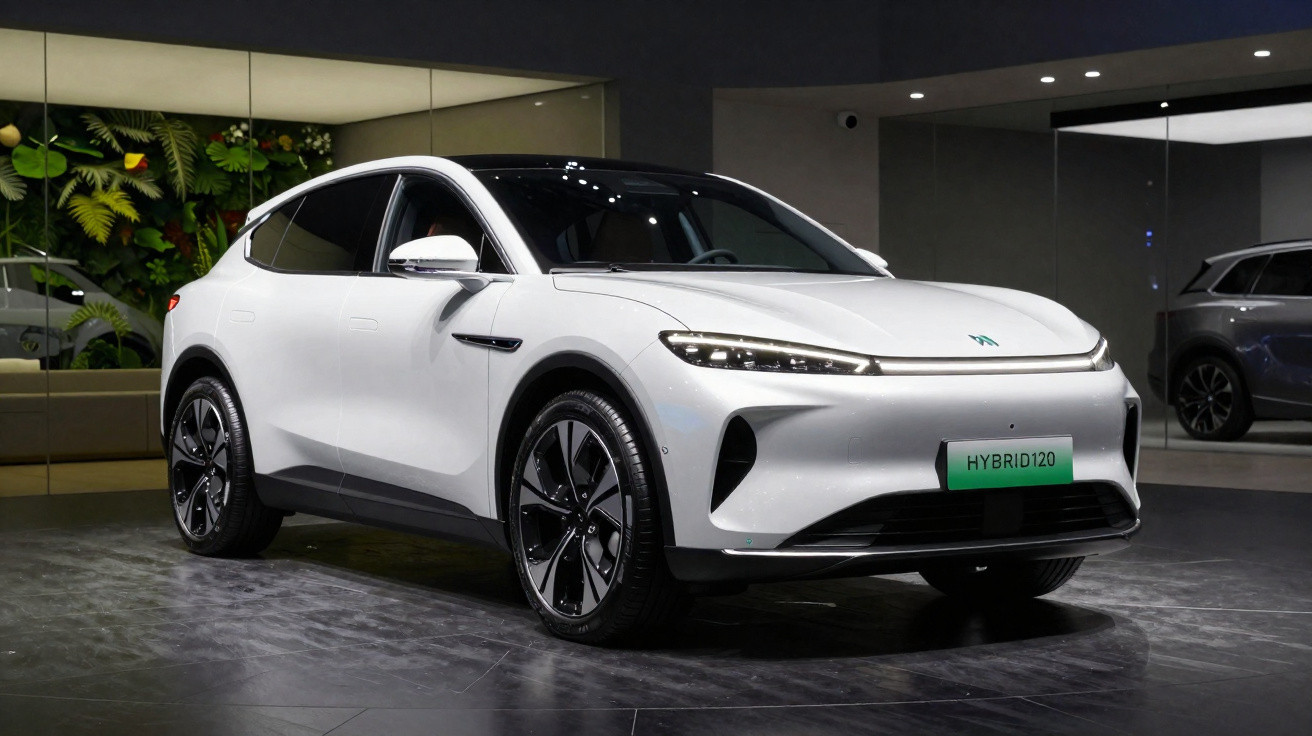 Carro elétrico branco sedan com design moderno e faróis finos exibido em showroom.