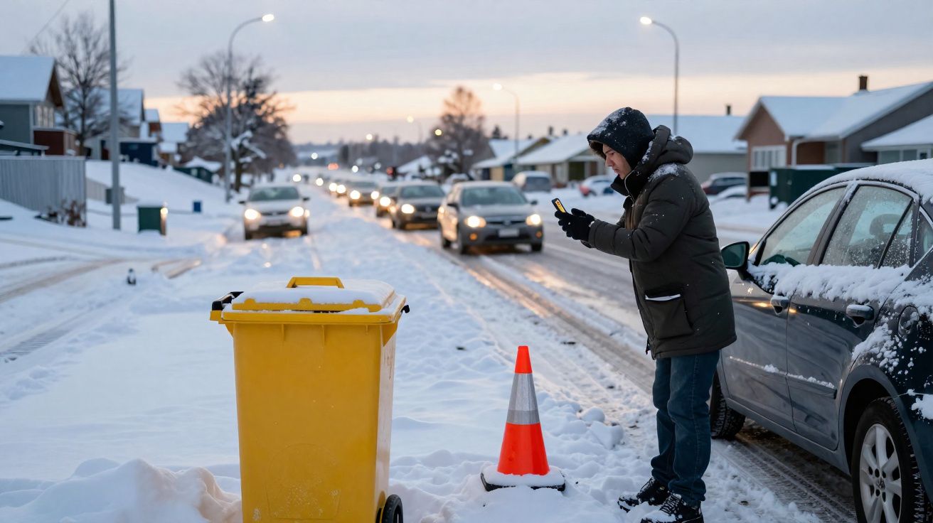 Homem com casaco pesado e capuz usando celular perto de lixo amarelo em rua nevada com trânsito à noite.