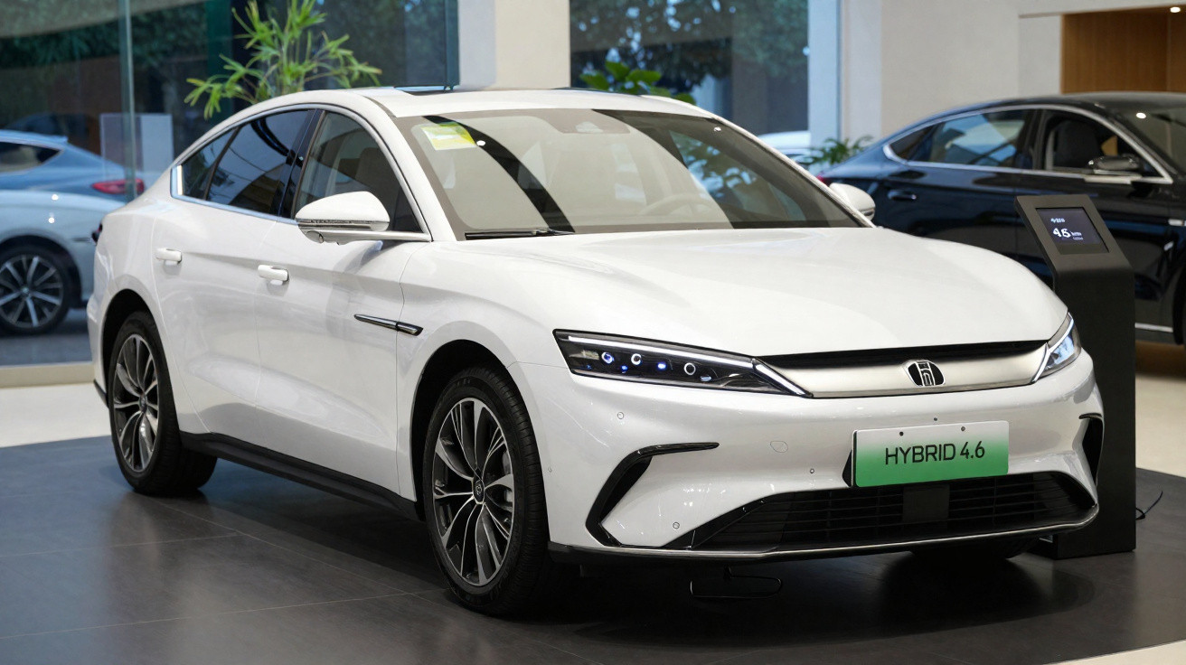 Carro sedan branco híbrido exposto em showroom moderno com iluminação natural e vitrine de vidro.