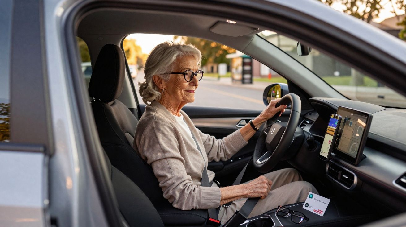 Mulher idosa dirigindo carro moderno com expressão serena em via urbana ao entardecer.