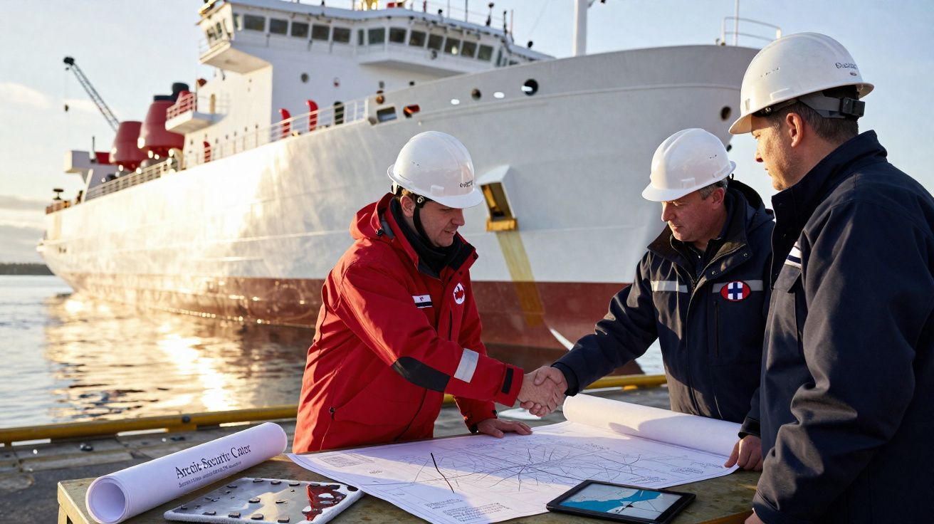 Três homens com capacetes e roupas de segurança discutem mapas náuticos ao ar livre perto de um navio grande ancorado.