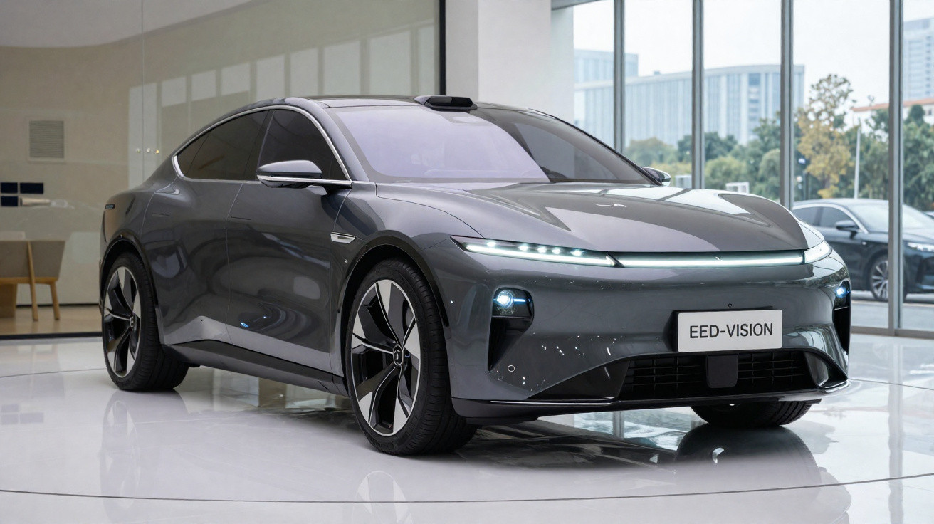 Carro elétrico cinza escuro modelo EED-VISION exibido em showroom moderno com piso branco e grande janela.