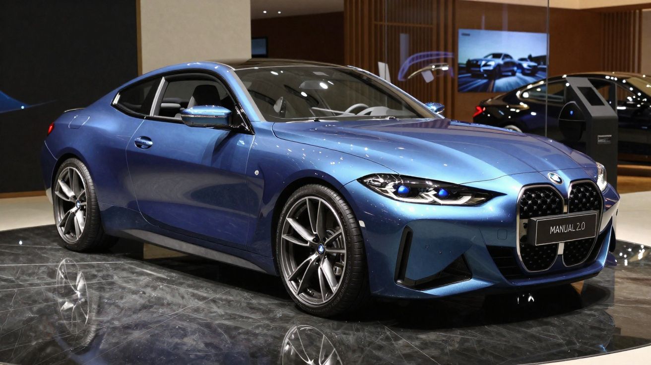 Carro esportivo BMW azul exibido em showroom com piso espelhado e detalhes modernos ao fundo.