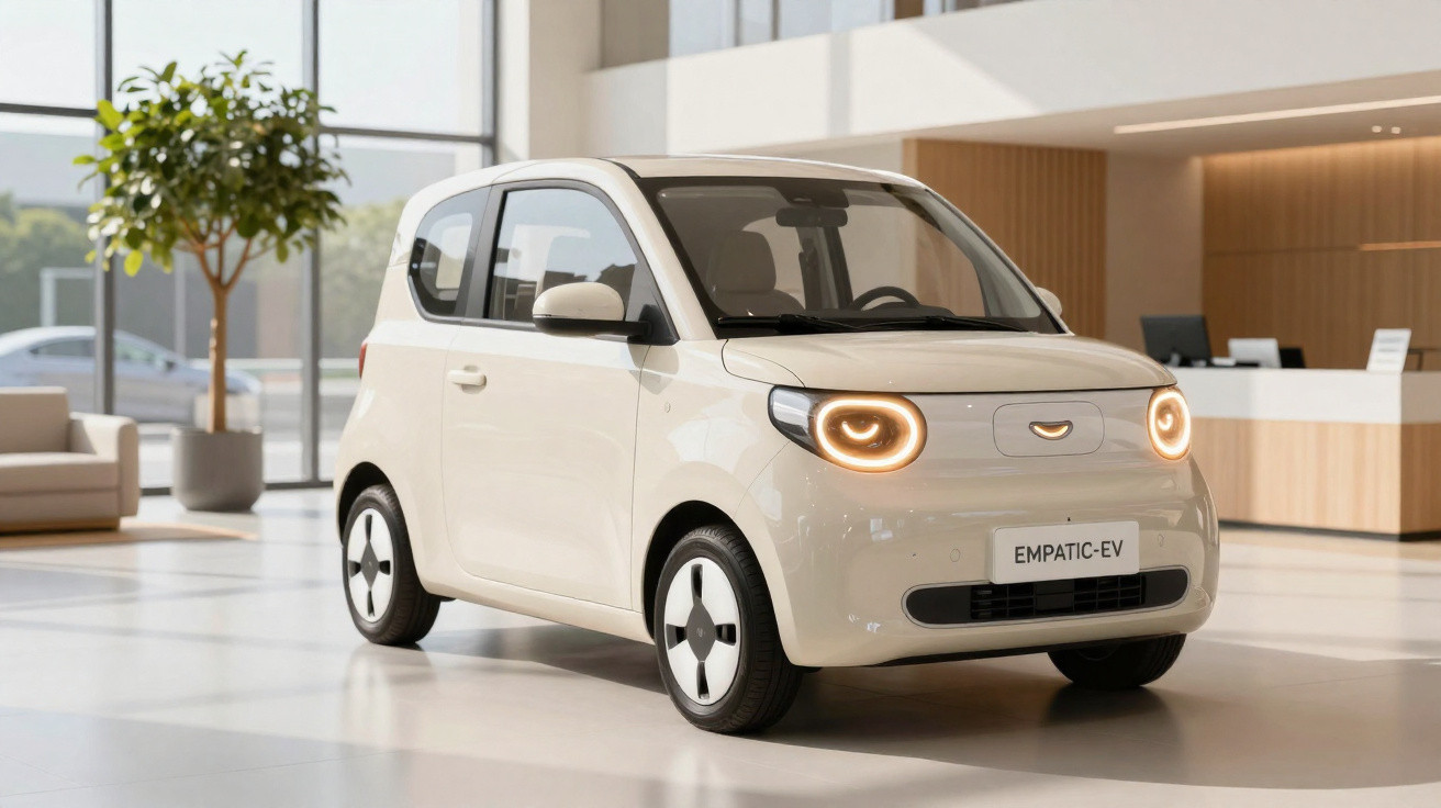 Carro elétrico compacto branco modelo Empatic-EV em ambiente interno moderno e iluminado.