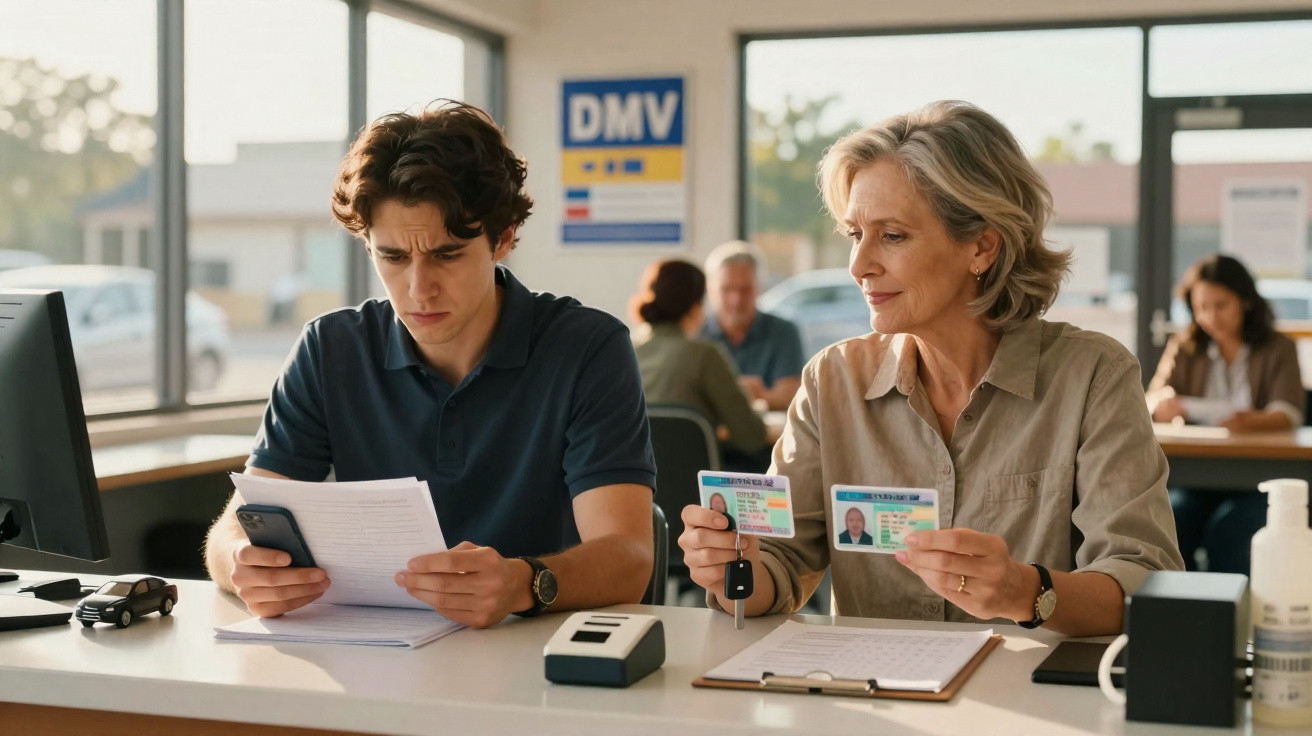Jovem e mulher em balcão do DMV segurando documentos e carteira de motorista para renovação.