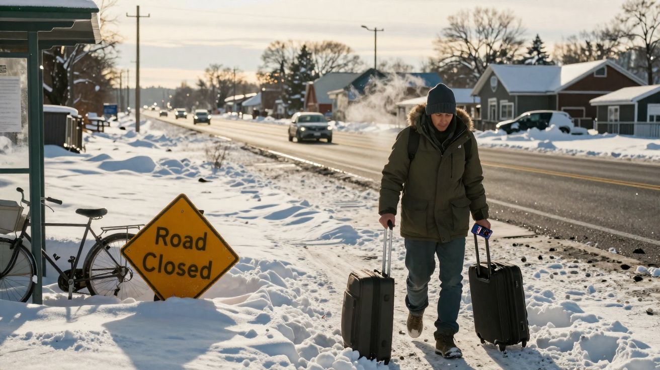 Pessoa caminhando na neve com duas malas ao lado de placa amarela "Road Closed" e estrada movimentada.