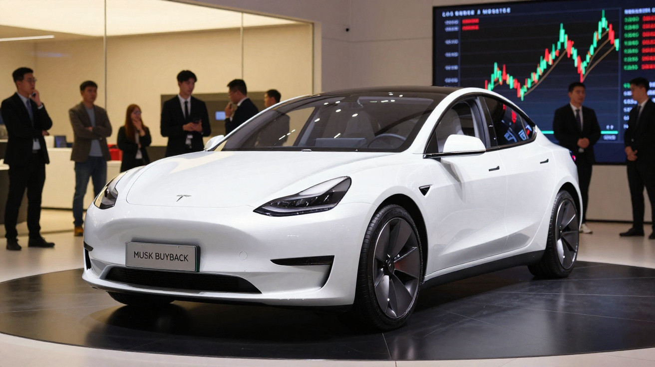 Carro elétrico branco Tesla Model 3 exibido em plataforma com pessoas e gráfico de ações ao fundo.
