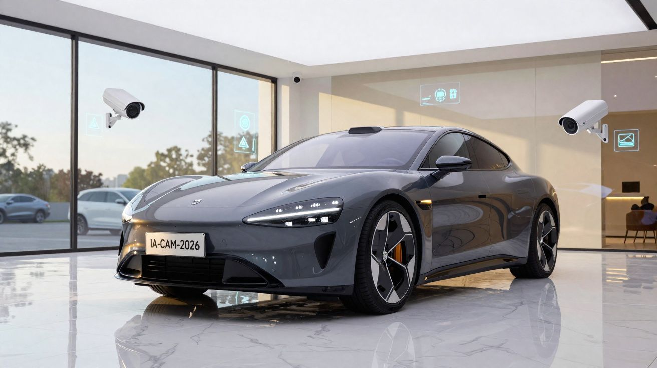 Carro esportivo cinza estacionado em showroom moderno com câmeras de segurança e vidros amplos.