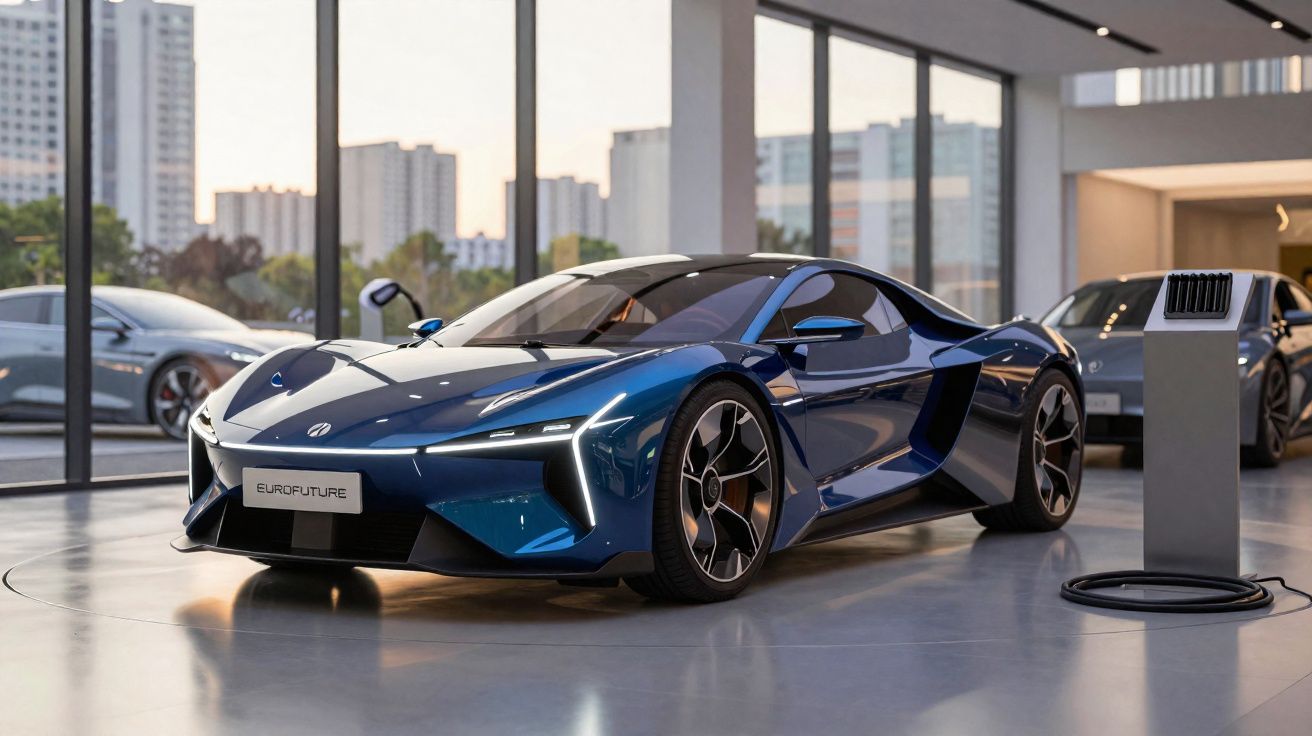 Carro esportivo elétrico azul em showroom moderno com grandes janelas e estação de recarga ao lado.