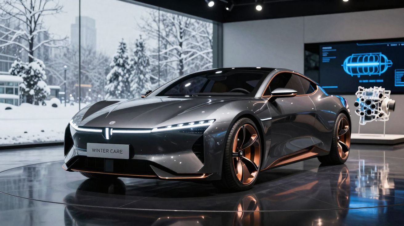 Carro esportivo cinza com design futurista em exposição interna com neve na janela ao fundo.