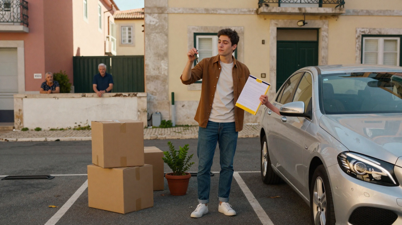 Jovem segurando chave e documento perto de carro prateado e caixas em estacionamento residencial.