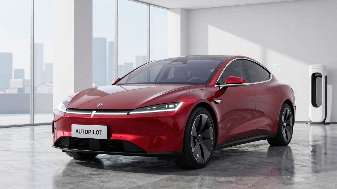 Carro elétrico vermelho Tesla em ambiente interno futurista com estação de carregamento visível ao fundo.