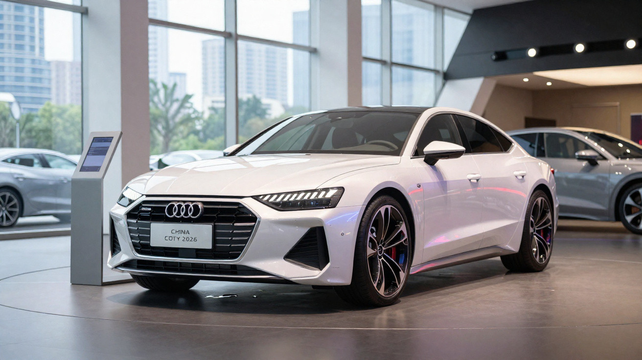 Carro Audi branco em exposição, com o letreiro "China Coty 2026" em ambiente moderno e iluminado.