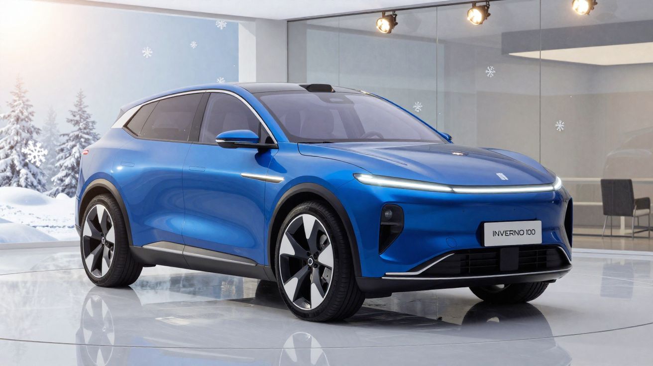 Carro elétrico azul futurista modelo Inverno 100 em vitrine com fundo de neve e árvores cobertas.