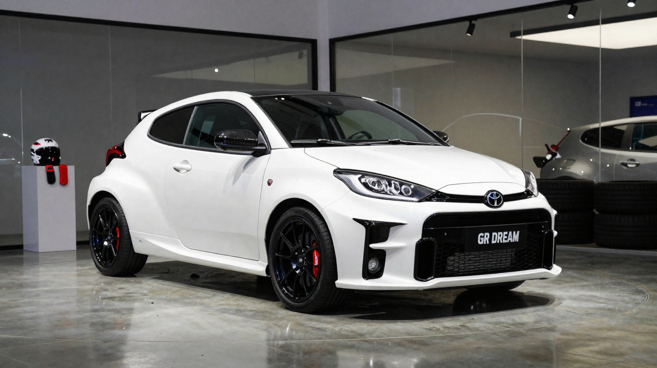 Carro esportivo branco Toyota GR Dream estacionado em ambiente interno moderno com piso refletivo.