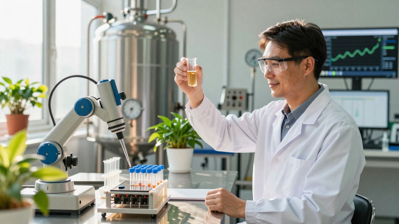 Cientista em laboratório segurando tubo de ensaio com líquido amarelo observando resultados.