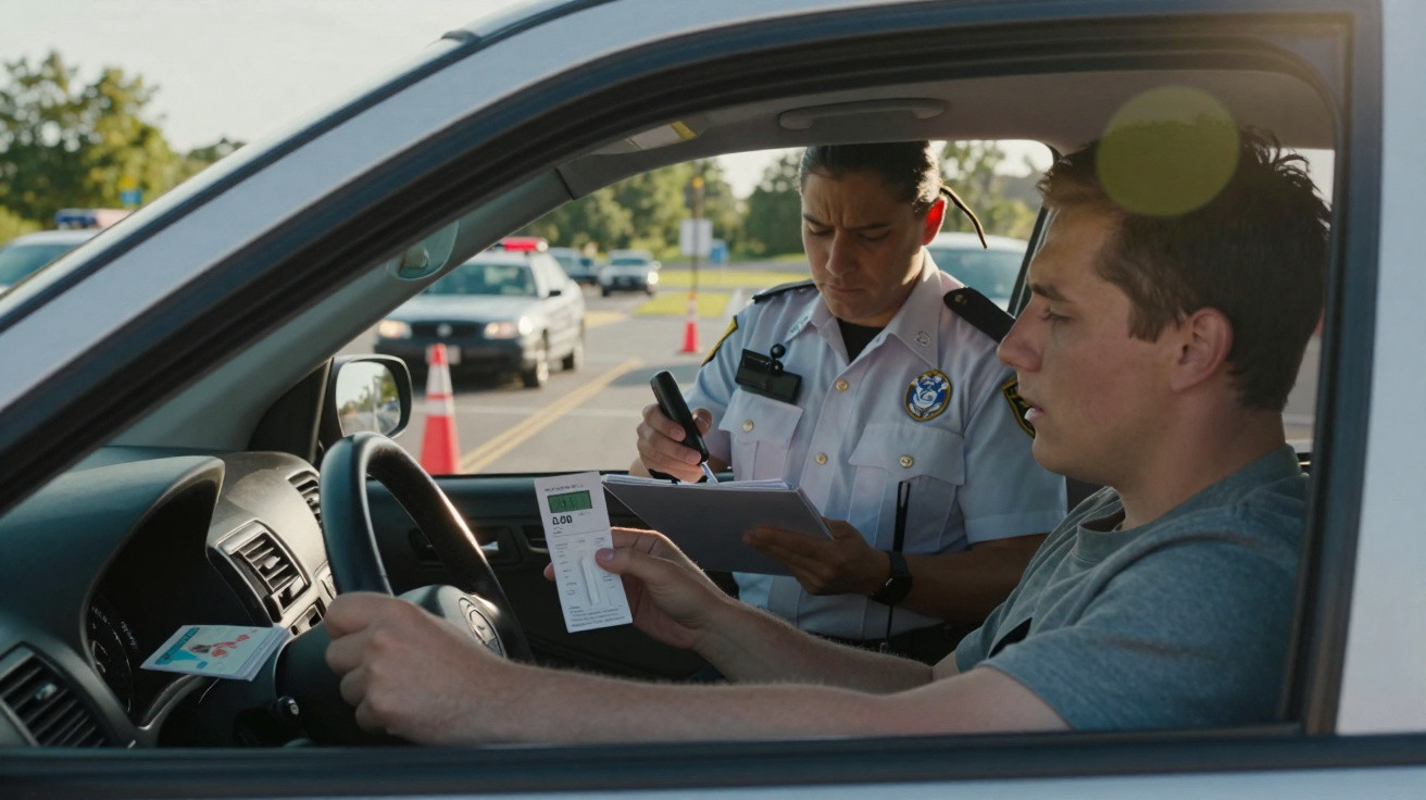 Motorista mostrando teste do bafômetro para policial verificando e anotando informações em bloco.