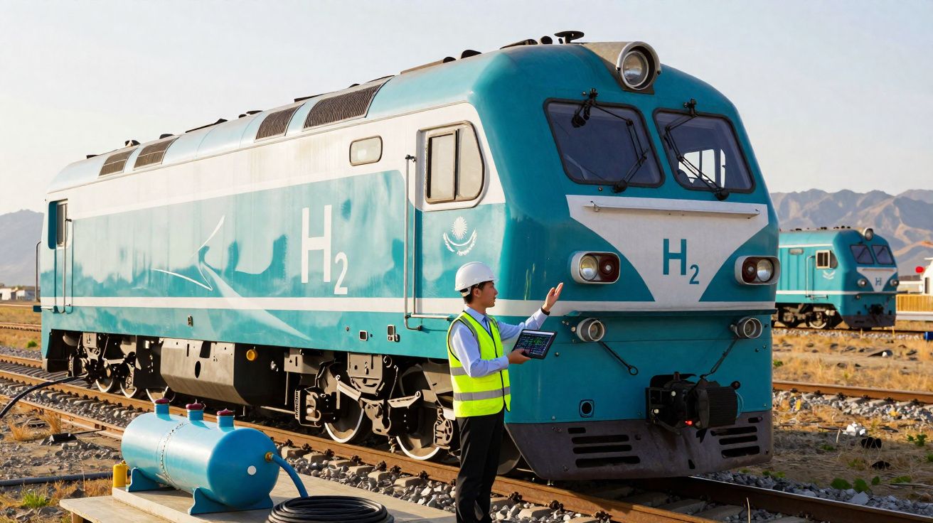 Engenheiro com colete e capacete verifica trem movido a hidrogênio azul em via férrea com trilhos e cilindro de gás.