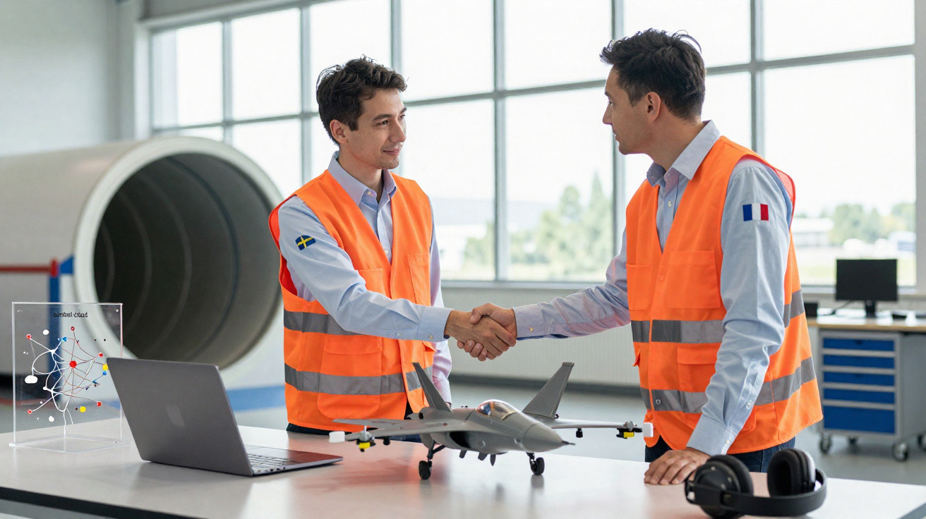 Dois engenheiros com coletes laranja apertam as mãos ao lado de um modelo de avião em oficina moderna.