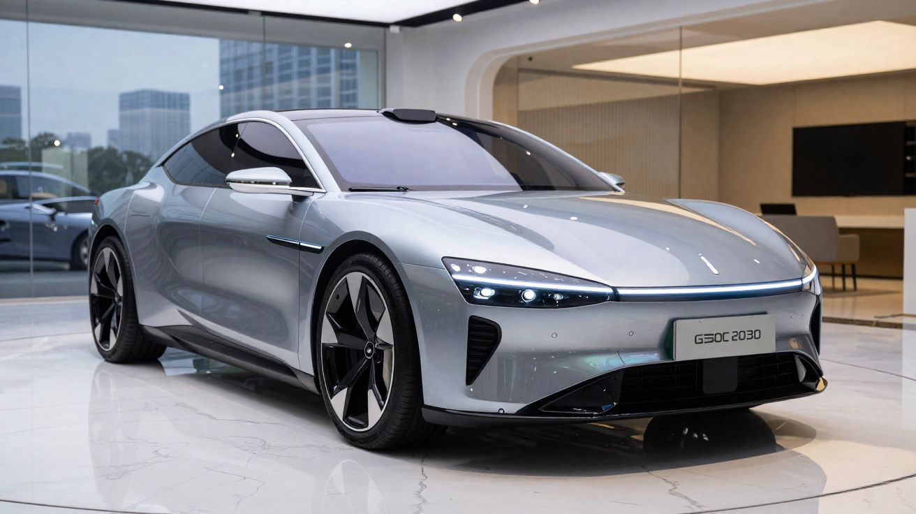 Carro elétrico cinza moderno em exposição com design aerodinâmico e faróis de LED acesos.
