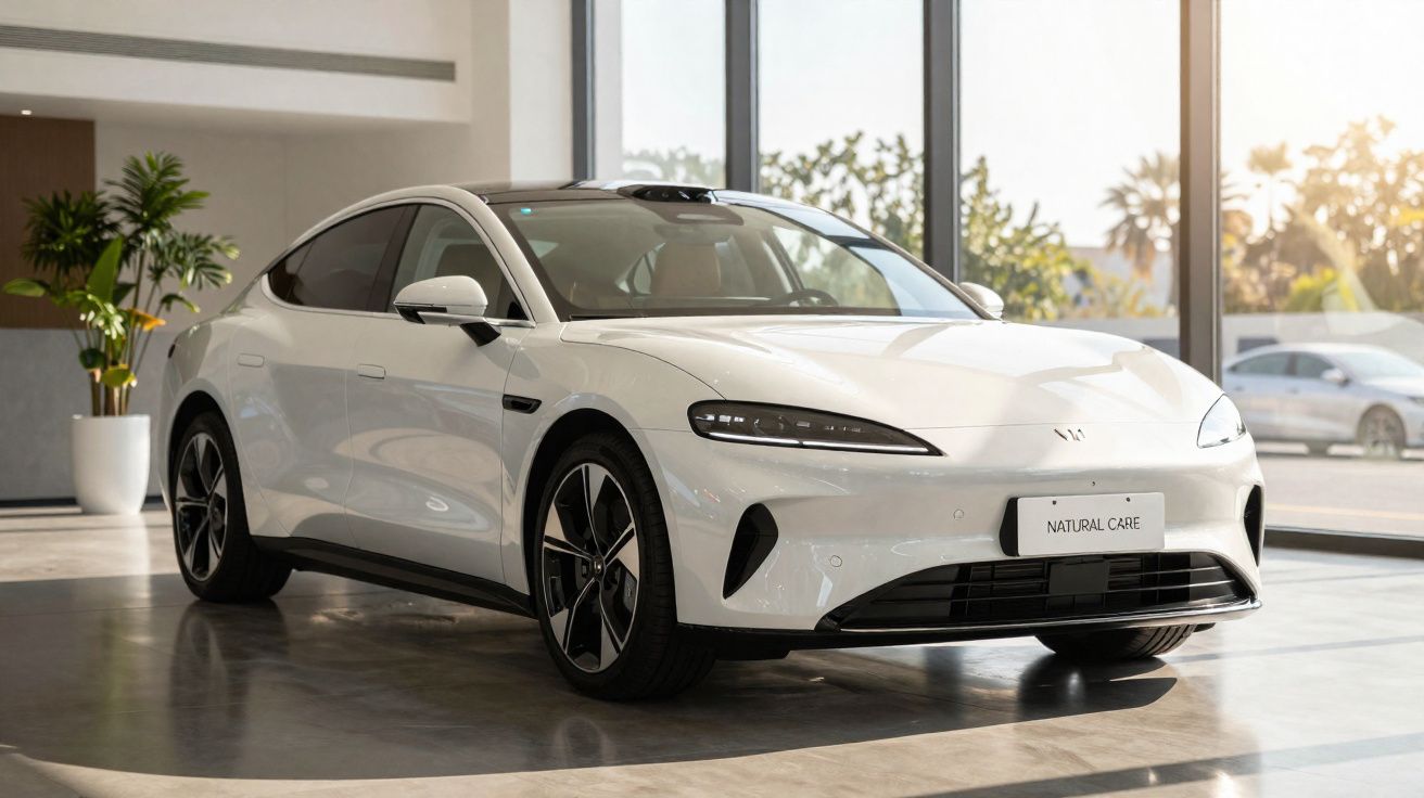 Carro elétrico branco estacionado em showroom moderno com grandes janelas e planta decorativa.