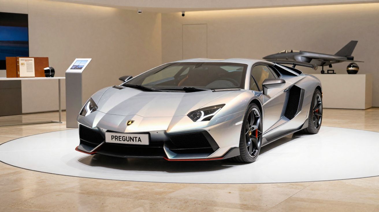 Carro esportivo prata Lamborghini em exibição em ambiente interno minimalista com iluminação suave.