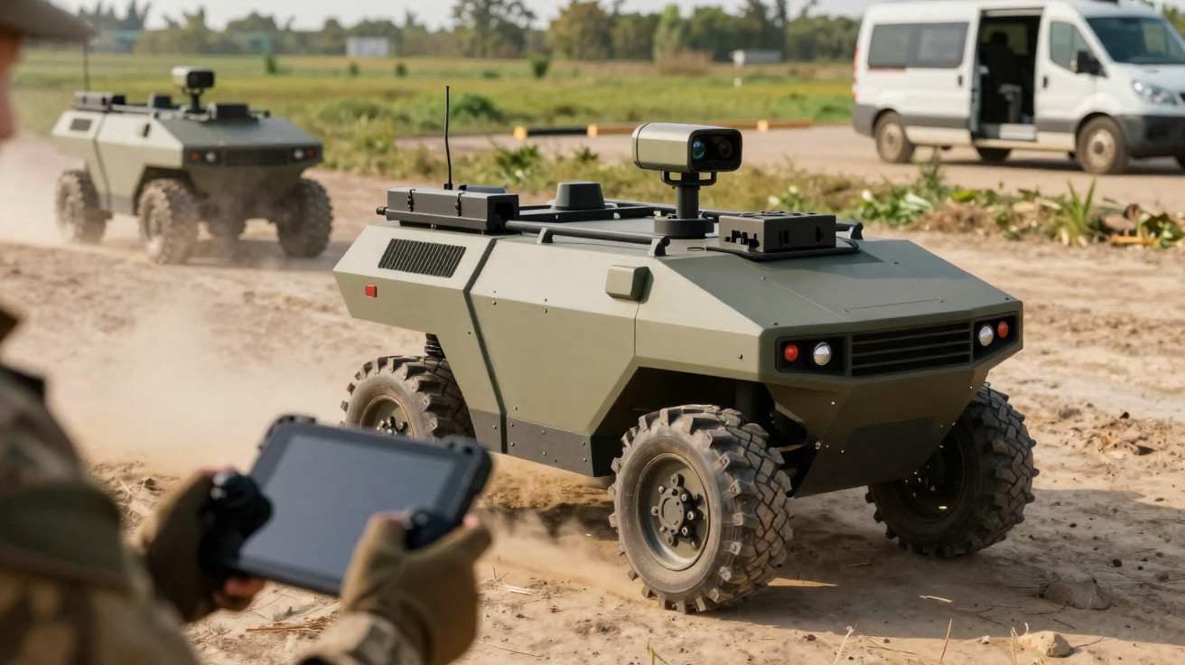 Veículos militares não tripulados off-road em treinamento controlados por operador com tablet.