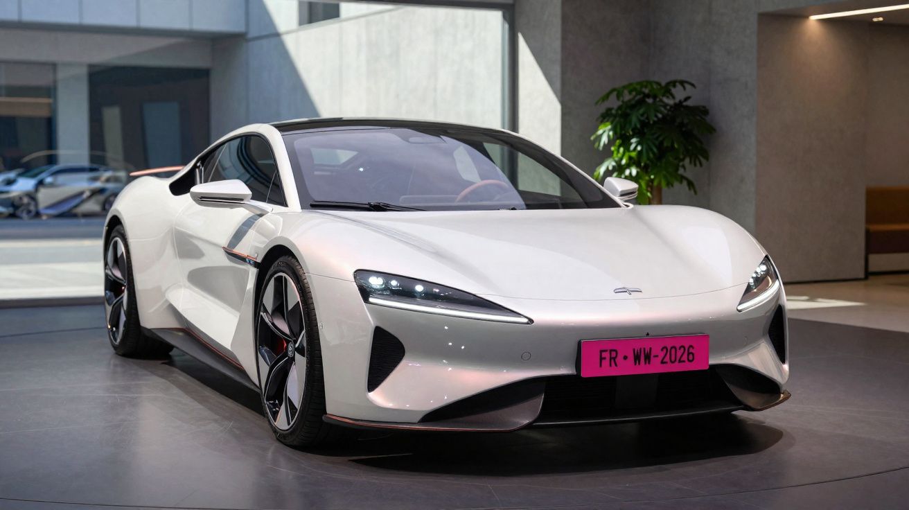 Carro esportivo elétrico branco brilhante em exposição interna, com design aerodinâmico e faróis de LED.